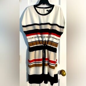 NWOT DKNY Women's Ivory Stripe Crewneck Short Sleeve Embellished Dress. Size (L)